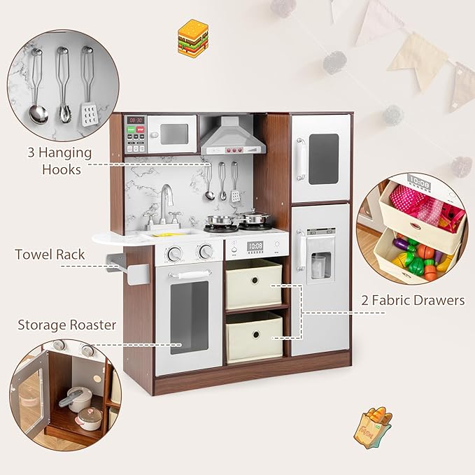 Costzon Kids Kitchen Playset, Wooden Pretend Cooking Kitchen Toy with Realistic Sounds & Light, Range Hood, Microwave, Ice Maker, Sink & Faucet, Toddler Play Kitchen, Gift for Boys & Girls 3+