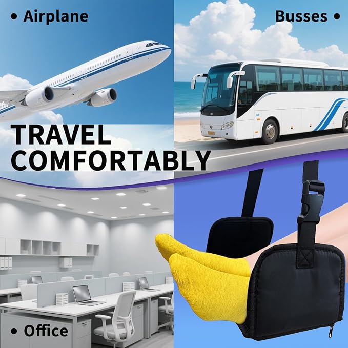 2-Piece Upgraded Airplane Footrest Hammock - Large Memory Foam Support & Adjustable Straps, Travel Essential
