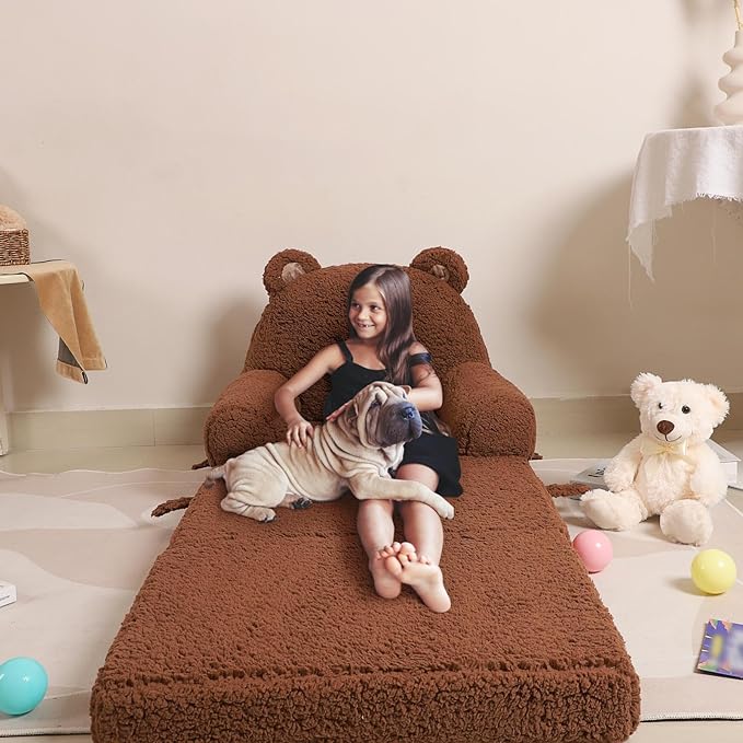 Foldable Kids Sofa, Sherpa Teddy Bear Toddler Couch with Tri Folding Foam Cushions, Comfy Kids Couch for Kids Age 3-6