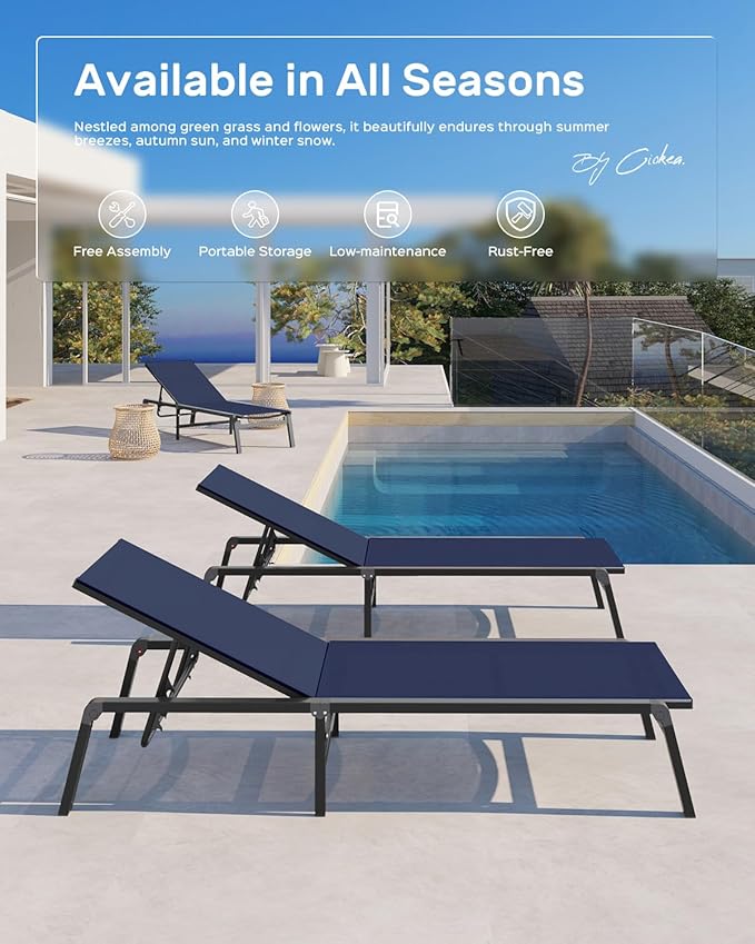 Aluminum Chaise Lounge Ourdoor - Foldable & Assemble Free Outdoor Lounge Chair with 5 Adjustable Backrest, Patio Lounge Chair for Outside Poolside Beach Pool, Navy Blue