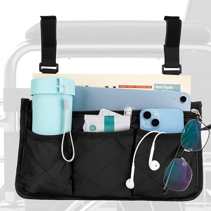 Noverlife 2 Packs Wheelchair Side Bag, Black Walker Bag w/Cup Holder Waterproof Wheelchair Armrest Pouch, Side Storage Pouch Organizer Bag Wheelchair Pouch Side Pocket for Most Seniors Wheelchairs