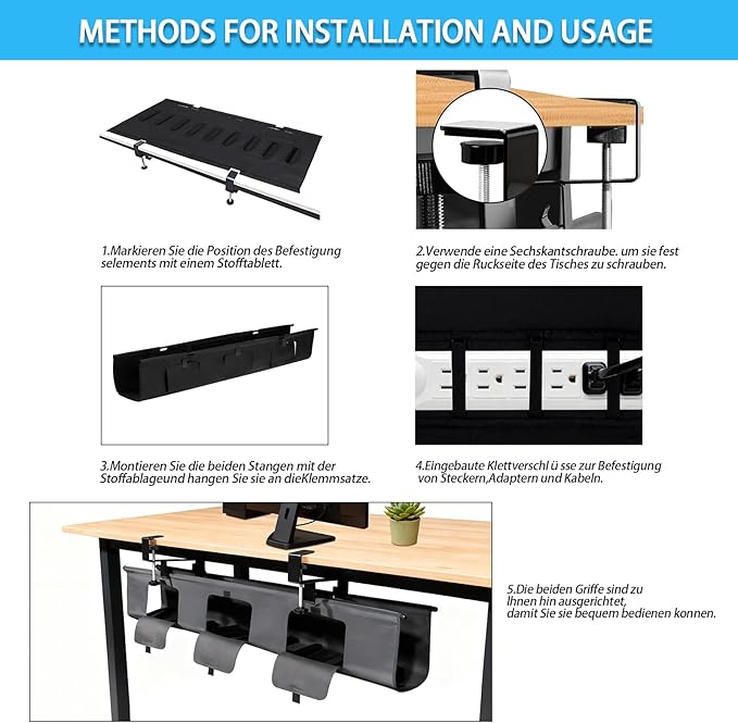 Inefticism Under Desk Cable Management Tray, 36-inch No-Drill Standing Desk Cable Organizer, Fabric Tray for Power Strips, Adapters & Cables - Black
