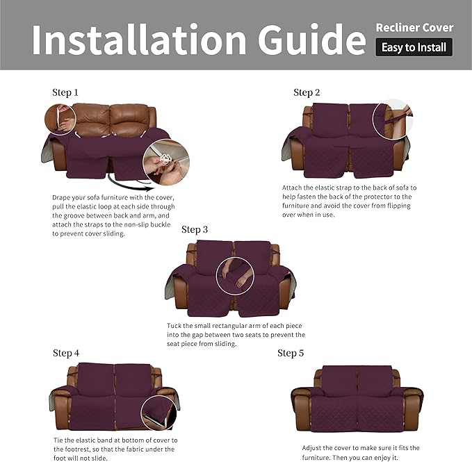 Easy-Going Recliner Sofa Cover, Reversible Couch Cover for Double Recliner, Split Sofa Cover for Each Seat, Furniture Protector with Elastic Straps for Kids, Dogs, Pets (2 Seater, Wine/Beige)
