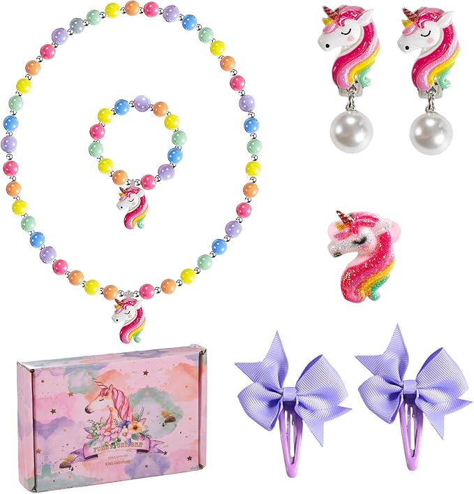 Handmade Unicorn Kids Jewelry Set for Little Girls - Elastic Necklace Bracelet - Clip On Earrings - Adjustable Rings - Bow Hair Clips - Birthday Dressup Childrens Costume w/Box Bags