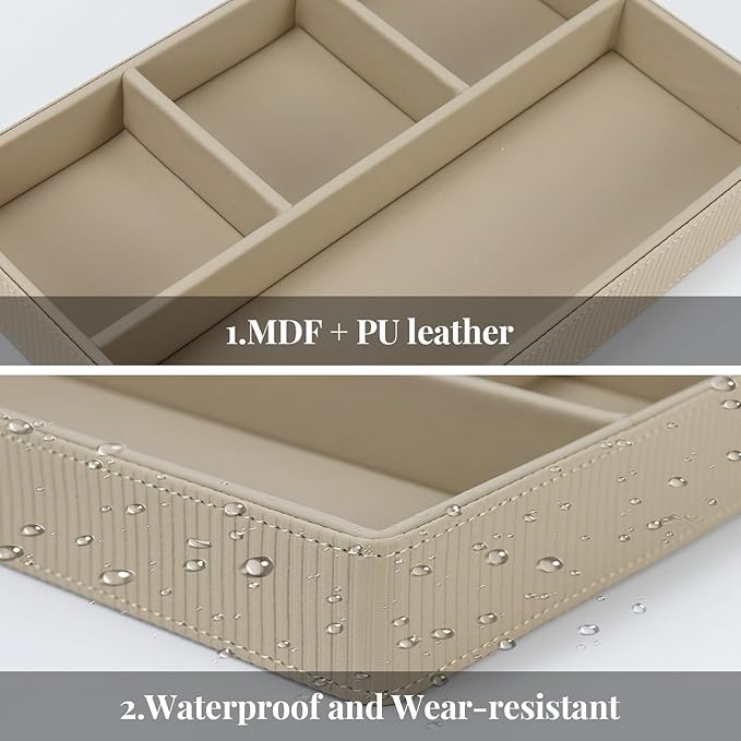 Buqoo PU Leather Valet Tray, Office Supplies Organizer, Stackable Desktop Organizer and Accessories Drawer Organizer for Storing Office Supplies, Jewelry, Cosmetics, Beige
