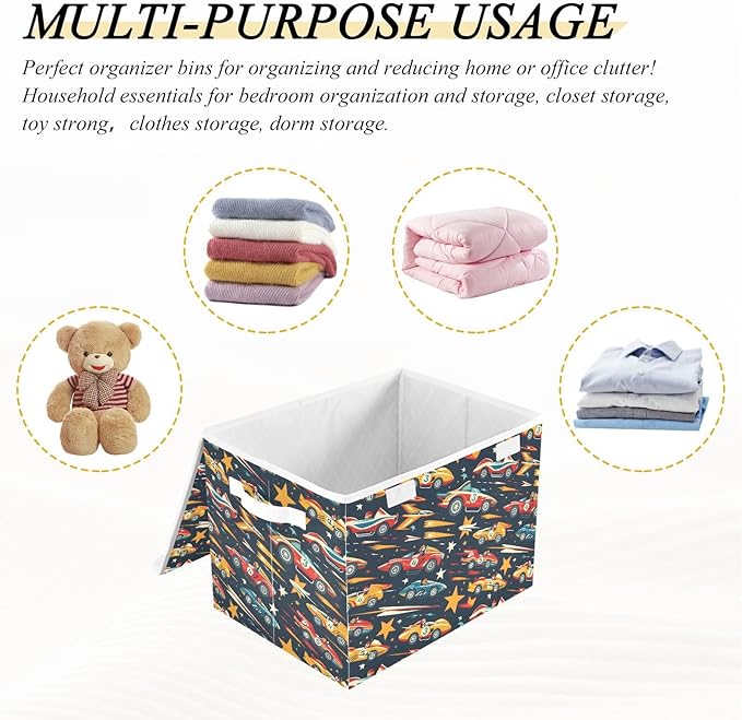 senya Large Storage Bins with Linen Collapsible Foldable Storage Cubes Fabric Closet Organizer Containers box with Flip-Top Lid for Home Bedroom Office 16.7 x 12.6 x 11.8in (Racing Car)