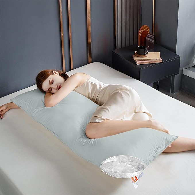 Goose Down Body Pillows for Adults, Large Body Pillow for Side Sleeper, Hugging Feather Body Pillow Insert, Cooling Full Length Long Pillow for Bed with 100% Organic Cotton Shell, 20"x72" Baby Blue