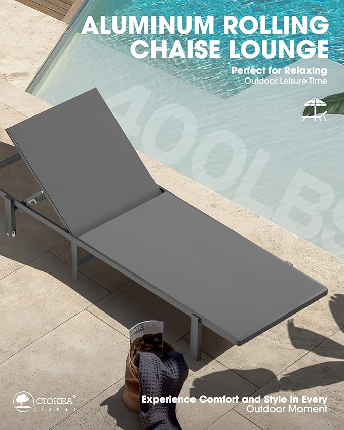 Pool Chaise Lounge Chair Set of 4, Outdoor Lounge Chairs with Wheels, 5-Position Adjustable Sun Loungers for Outside, Deck, Beach, Grey
