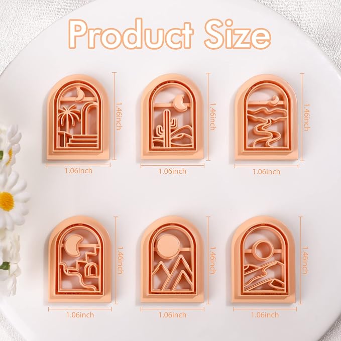Puocaon Boho Polymer Clay Cutters - 6 Pcs Clay Cutters for Polymer Clay Earrings Making, Boho Landscapes Arch Clay Cutters, Embossing Scene Desert Sun Moon Clay Cutters for Jewelry Making