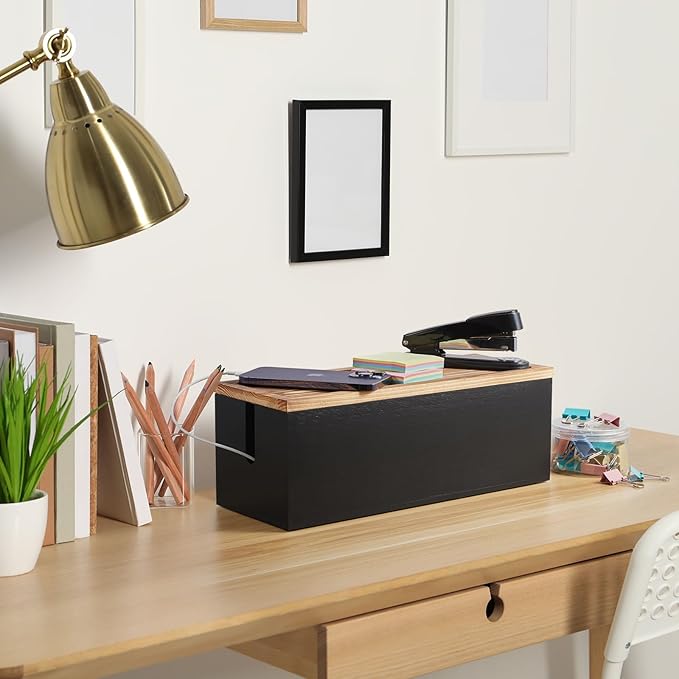 Bivvclaz Large Cable Management Box, Wooden Cord Organizer Box for Desk, Floor, Office to Hide Extension Cords Power Stripes Surge Protectors Chargers Wires, Black