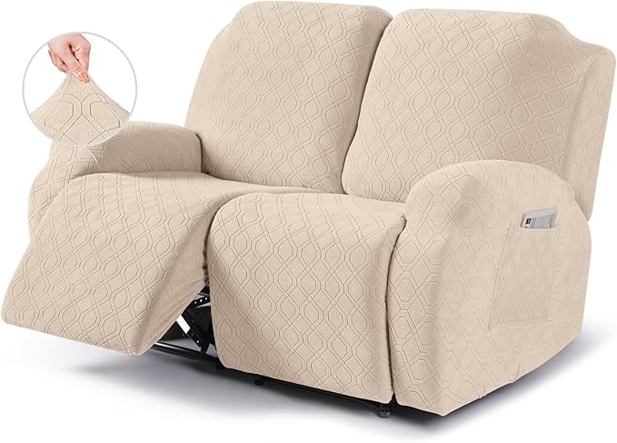 VANSOFY Recliner Cover, 2-Pieces Stretch Reclining Couch Cover with Pockets Loveseat Sofa Slipcovers Soft Washable Furniture Protector for Dogs Cats(Cream)