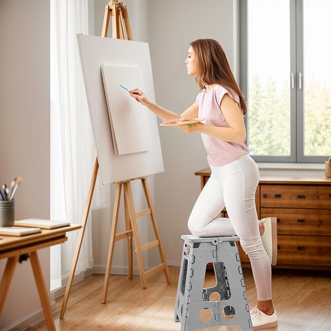 ACKO Folding Step Stool Foldable 16 Inch Stool 400 lbs Capacity,Plastic Stools for Adults and Kids,Collapsible Stool for Kitchen, Stepping Stool with Handle(Grey)