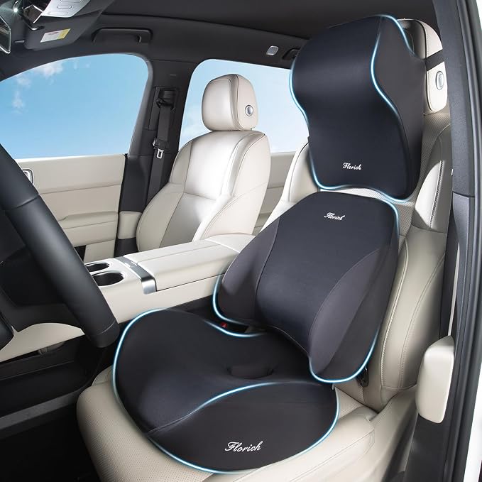 FLORICH Car Seat Cushion & Lumbar Support Pillow & Car Neck Pillow for Driver Car Office Chair, Ergonomic Memory Foam Car Cushion & Back Support Pillow for Sciatica Pain Relief - Black