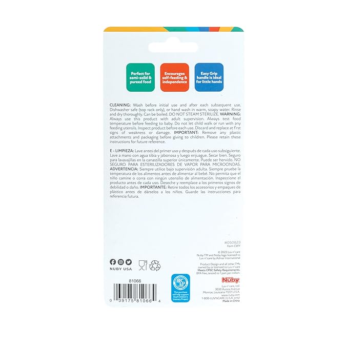 Nuby Dip & Scoop Spoons - (2-Pack) Baby Led Weaning Spoons for Babies - 6+ Months - Red and Blue