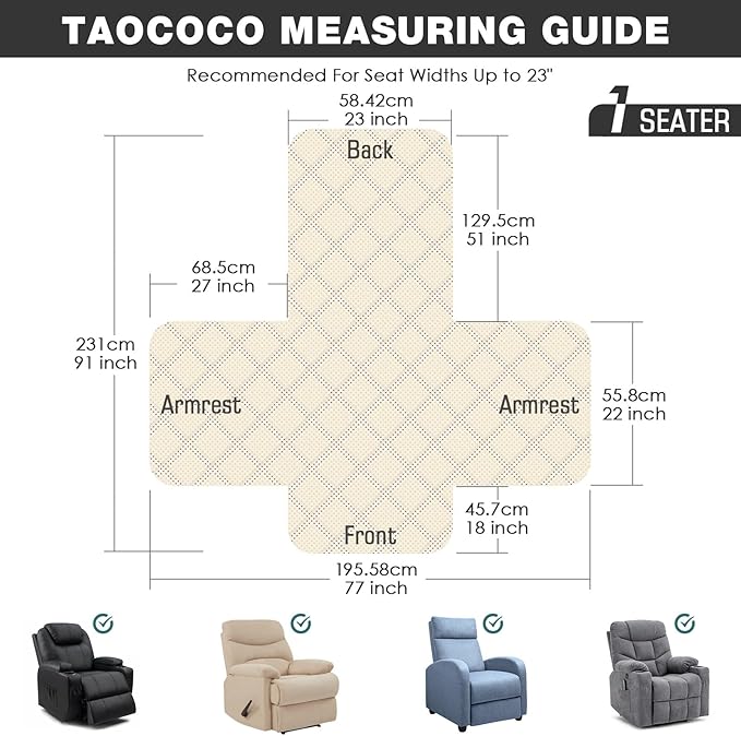 TAOCOCO Waterproof Recliner Chair Cover Sofa Slipcover, Pet Cover for Small Recliner Chair with Elastic Straps, Washable Reclining Chair Cover Recliner Furniture Protector (23'' Small, Sky Blue)