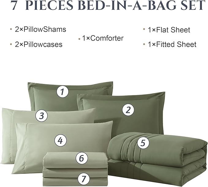 Monbix Queen Comforter Set - 7 Pieces Light Sage Green Bed in a Bag Queen Bedding Sets with Comforters, All Seasons Comforter Bed Set with Sheets, Pillowcases & Shams
