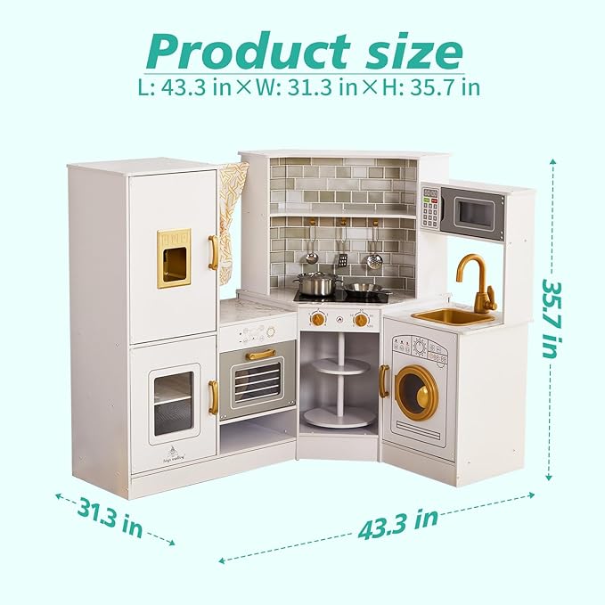 Kids Corner Play Kitchen Set, Wooden Pretend Play Kitchen with Metal Utensils Accessories, Fridge, Sink, Burner, Laundry Playset, Microwave Oven, Cake Turntable, Gifts for Ages 3-8