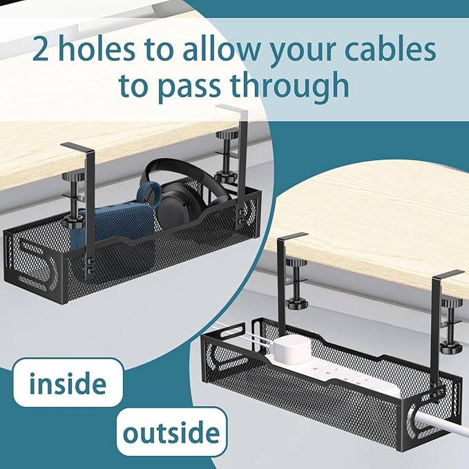 2Pack Under Desk Cable Management Tray, No Drill Mesh Desk Cable Tray, Wire Management Tray Cable Management Rack, Wire Organizer and Cable Management Box (Black)