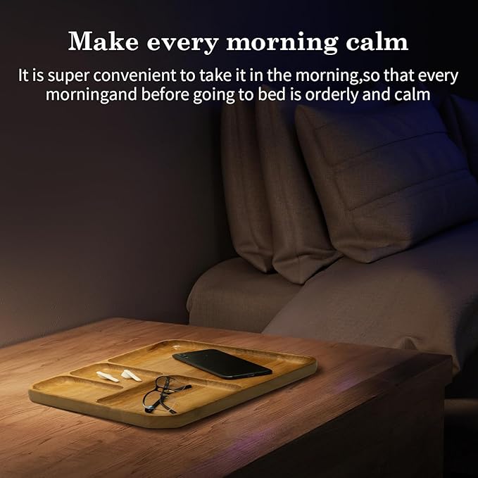 Desk Drawer Organizer Tray Wooden Valet Trinket Catch All Key Nightstand Tray with 4 Deep Dividers, 14x10x1'', Solid Wood Carved