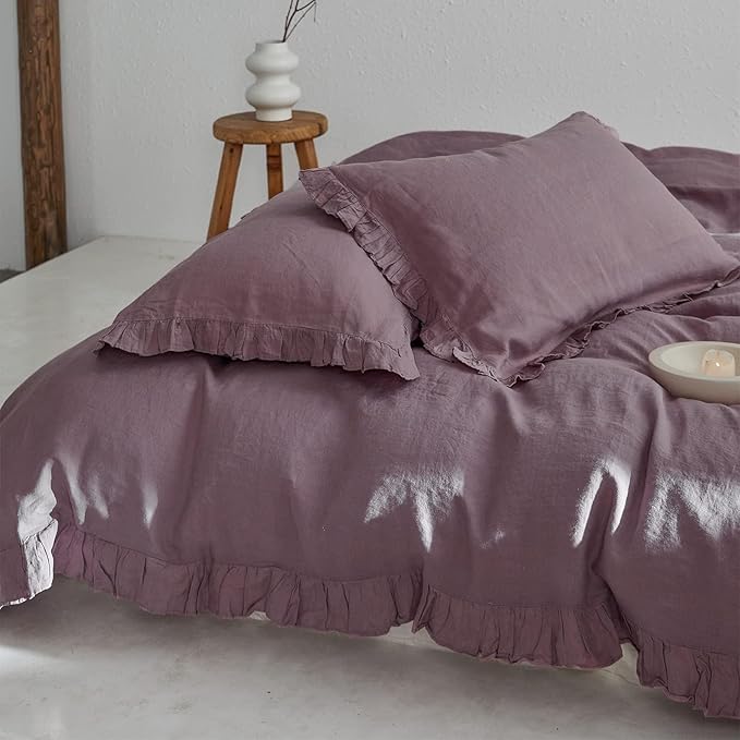 Simple&Opulence 100% Linen Duvet Cover Set, 3 PCS Natural French Flax Purple Ruffle Duvet Cover King Size, Breathable Comfy Linen Bedding Comforter Cover with 2 Pillowcases (Purple, 104" X 92")
