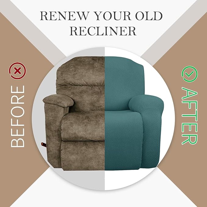 JIVINER Oversized Recliner Chair Covers 4 Piece Stretch Lazy Boy Recliner Sofa Slipcover Jacquard Large Recliner Covers with Elastic Bottom Soft Furniture Protector (XL Recliner,Peacock Blue)