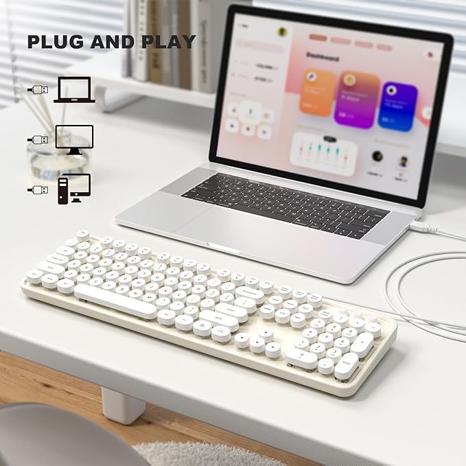 Computer Keyboard Wired, Plug Play USB Retro Round Typewriter Keyboard, Full Size Wired Keyboard with Foldable Stands for Laptop and Office PC