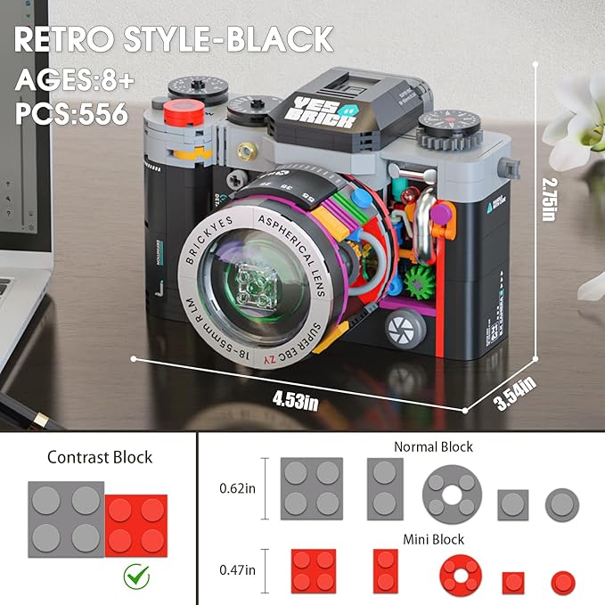 Retro Camera Mini Building Set for Adults, Black Classic Vintage Camera Model, Creative Gifts Toys for Boys Girls 8-12 (556 pcs)