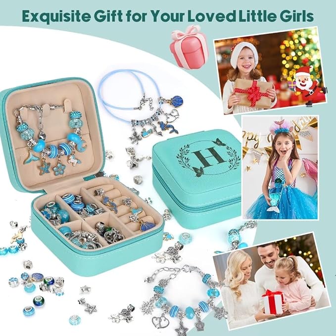Charm Bracelet Making Kit, Kid Jewelry Making Kit for Girls 8-12, Unicorn Craft Kits for Teen Girls Toys Ages 3-10 Years Old Girl Gifts Trendy Stuff Birthday Christmas Gift with Initial Jewelry Box-H