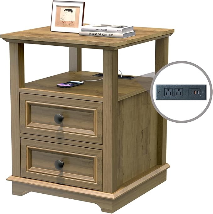 End Table with Fast USB C Charging Station, 18" Wide Sofa Side Table with 2 Drawers, Large Storage Rustic Wood Square Storage Cabinet for Living Room,Bedroom,Office, Light Brown