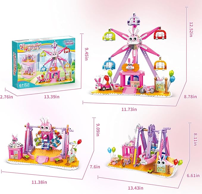 3 in 1 Easter Bunny Amusement Park Building Set, 823 PCS Rebuildable Ferris Wheel Rocking Hammer & Boat, Compatible with Lego Friends, Ideas Birthday Gift Toy for Kids Girls Age 6-12