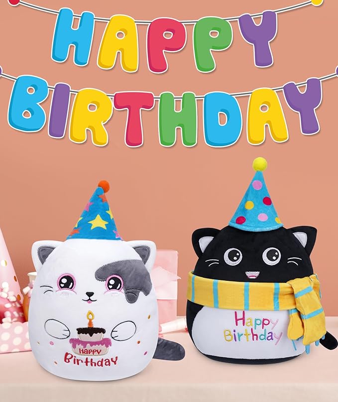 Birthday Stuff Cat Plush Gift - Adorable Blue White Cat Stuffed Doll, Cute Birthday Hat and Cake, Soft Huggable for Kids' Gifts, Cute Decor, 8 Inch