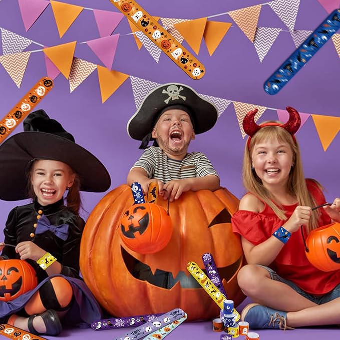 CCINEE 48pcs Halloween Slap Bracelets,Kids Snap Bracelet Wristbands with Assorted Bulk Pumpkin Zombie Skull Ghost Witches for Trick or Treat Gift Bag Filler Party Favors Toy Supplies