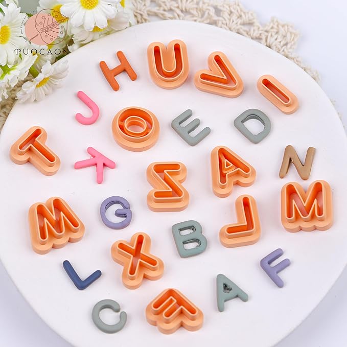 Puocaon Uppercase Letter Clay Cutters - 26 Letters Clay Cutters for Polymer Clay Jewelry Making, Basic Letter Polymer Clay Cutters for Jewelry, 3D Print Letter Clay Cutters for Earrings Jewelry