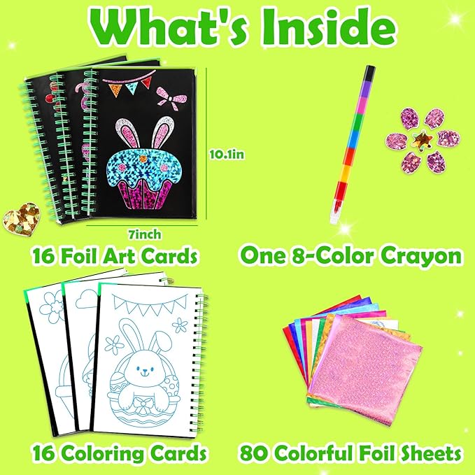 Foil Art Craft Activity for Kids: Fun DIY Toy Sticker Kit, No Mess Creative Travel Supply Set, Idea Birthday Easter Basket Stuffers Valentines Gift for Girl Boy Toddler 4 5 6 7 8 9 Year Old (Easter)