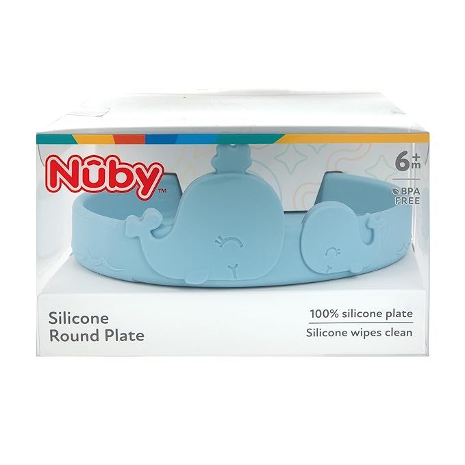 Nuby Animal Friend Silicone Round Plate - Toddler Plate - 6+ Months - Blue Whale Plate