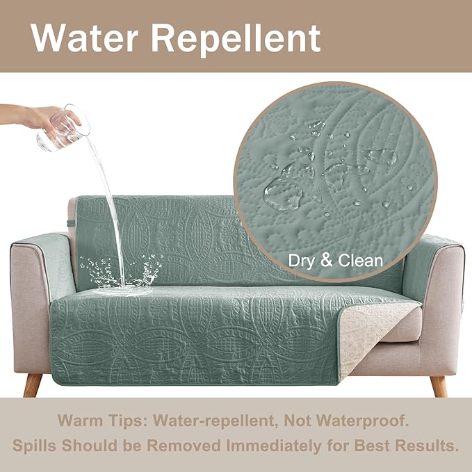 Soft Sage Quilted Couch Cover with Pockets for Extra-Large Sofa, Anti-Slip Sofa Covers Washable for 3 Cushion, Pet Friendly Oversized Sofa Cover Water-Repellent (X-Large Sofa 78", Sage Green)