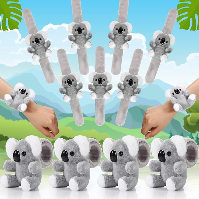 Lenwen 8 Pcs Stuffed Animal Slap Bracelets for Kids Plush Animals Slap Bracelets Bulk Cute Tiger Giraffe Turtle Koala Bracelets Wrist Animals for Girls Boys Valentine's Day Party