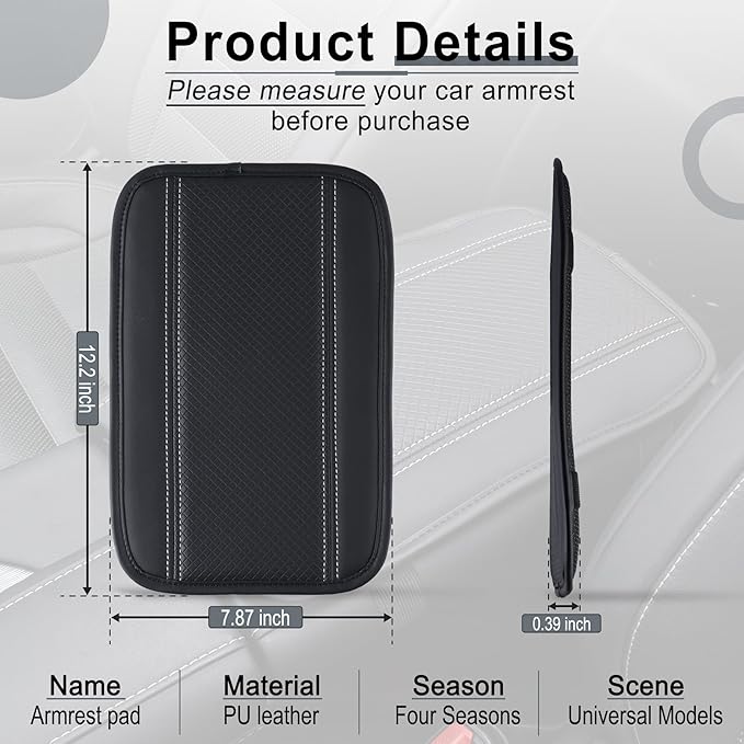 Amiss Car Center Console Pad, Universal Waterproof Car Armrest Seat Box Cover, PU Leather Auto Armrest Cover Protector,Vehicle Interior Accessories fits SUV/Truck/Car (Black-Silvery)