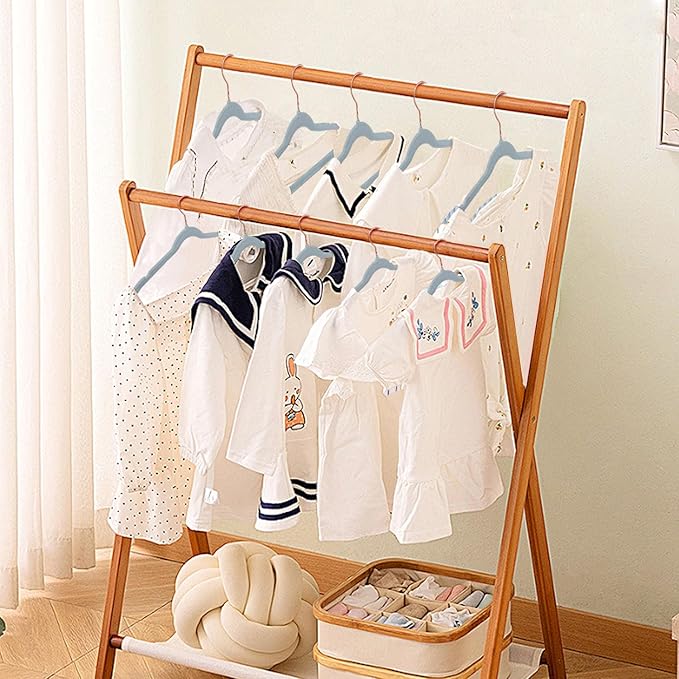 Baby Velvet Hangers, 52 Packs Kids Clothes Hangers, Non-Slip Childrens Hangers with Shoulder Notches, Storage Organizer Clothing Hangers for Infant and Toddler Blue (Rose Gold Hook)