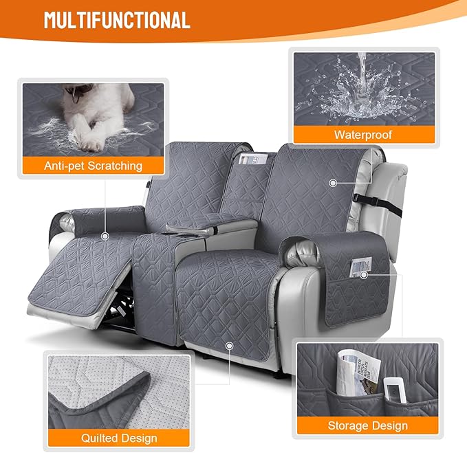 VANSOFY Loveseat Recliner Cover with Console 100% Waterproof Sofa Slipcovers Non-Slip Reclining Couch Cover Split Sofa Covers Furniture Protector for Pets, Dogs(Dark Gray)