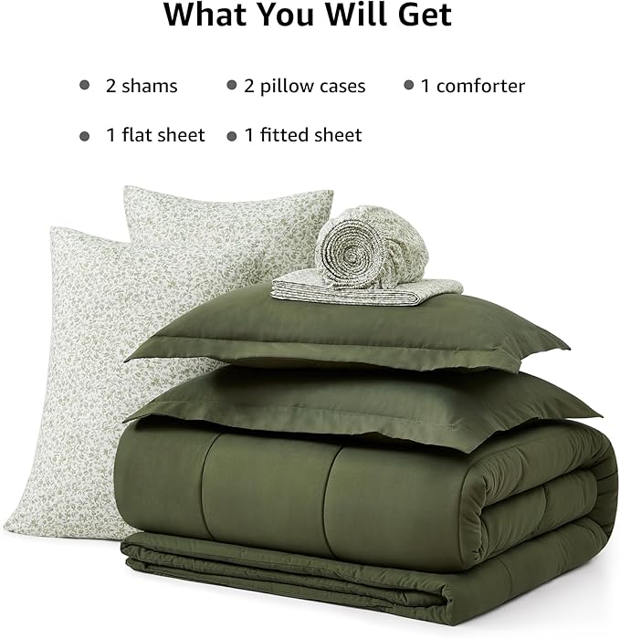 Monbix Queen Comforter Set - 7 Pieces Olive Green Bed in a Bag Queen Track Stitching Bedding Sets, All Seasons Comforter Bed Set with Sheets,Pillowcases & Shams