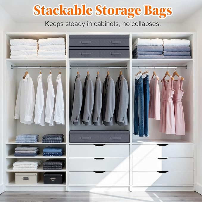 Under Bed Storage Containers with Lids - 3 Pack, Foldable and Stackable Clothes Storage Bags with Clear Window, 3-Sided Handles and Label Slot for Clothing, Blankets, Pillows (Grey)