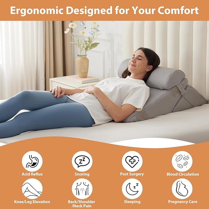 3PCS Wedge Pillow Set, Adjustable Wedge Pillow Headboard, Bed Wedge Pillows for Back Pain Relief, Sleeping, Post Surgery, Back Support Pillow for Bed Sitting Up, Snoring, GERD,Grey