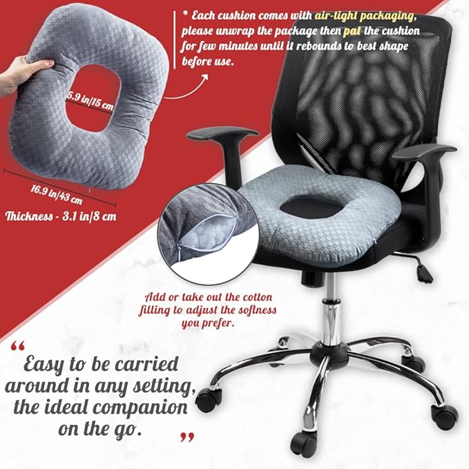 Stuffed Donut Pillow Seat Cushion | for Tailbone and Coccyx Pain, Hemorrhoids, Bed Sores, Pregnancy, Prostate, Surgery Recovery, Sitting Pressure Relief, for Home, Office and Car (Grey)