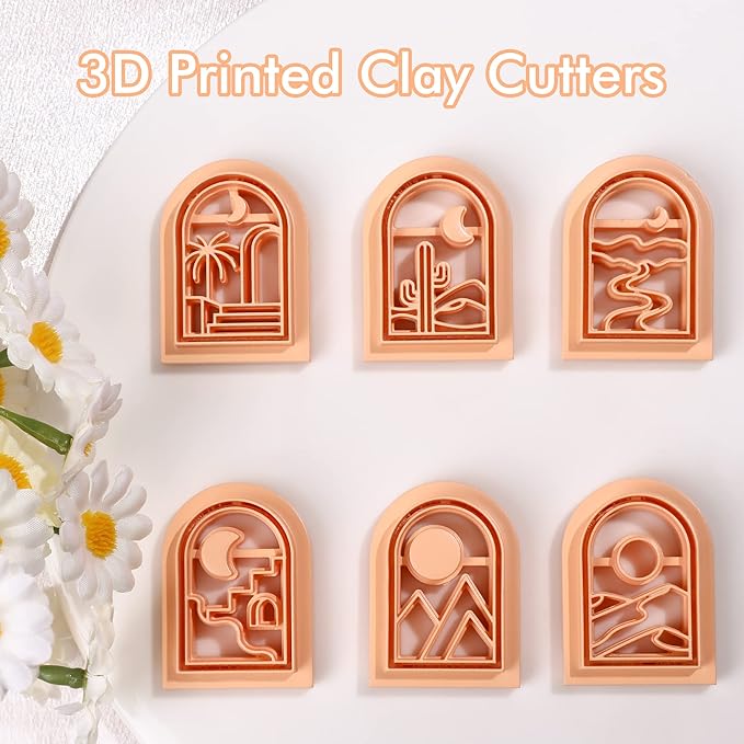 Puocaon Boho Polymer Clay Cutters - 6 Pcs Clay Cutters for Polymer Clay Earrings Making, Boho Landscapes Arch Clay Cutters, Embossing Scene Desert Sun Moon Clay Cutters for Jewelry Making