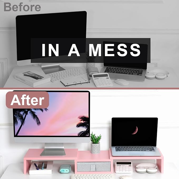 TEAMIX Pink Dual Monitor Stand Riser with Drawer - Length and Angle Adjustable Double Corner Desk Shelf Organizer 37 inch for 2 Laptop/PC/Screen/TV