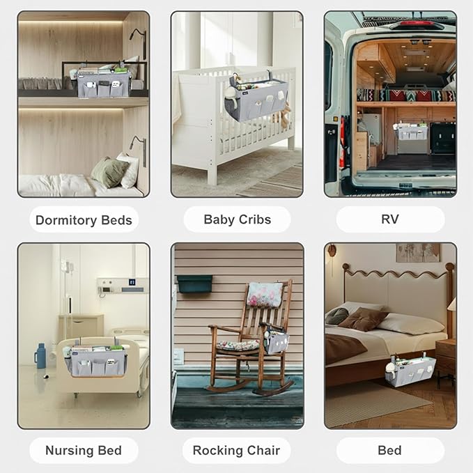 Surblue Bedside Organizer with Hook Bedside Caddy Hanging Storage Bag with Adjustable Straps and Water Bottle Holder for Home College Dorm Bunk Bed Accessories, Hospital Bed,Lightgrey