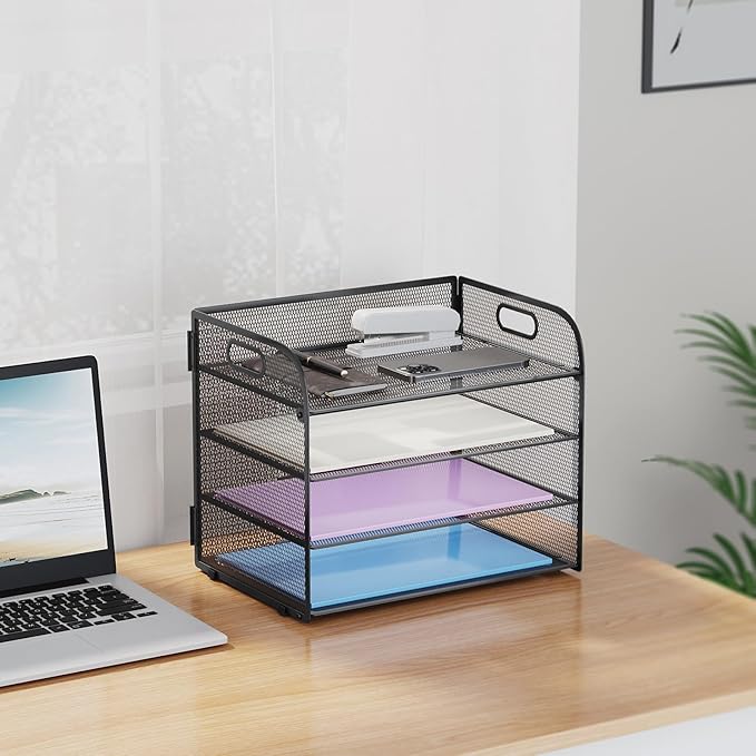 Marbrasse 4 Tier Paper Organizer Letter Tray - Mesh Desk File Organizer with Handle, Paper Sorter Organizer for Letter/A4 Office File Folder Holder (Black, 12.6" x 9.1" x 10.7")
