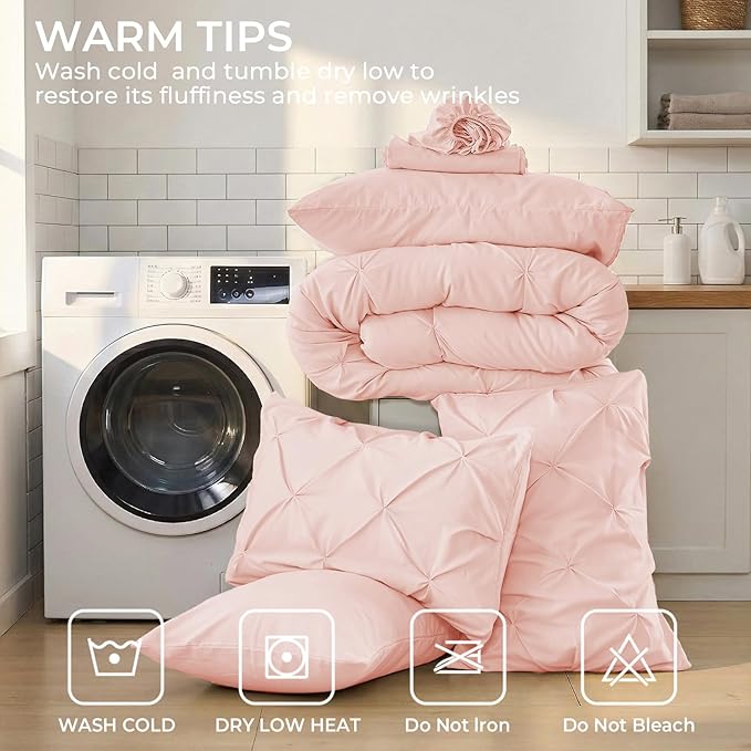 Sasttie King Size Comforter Set, 7-Piece Bed in a Bag, Pintuck Bedding Set for All Season, Includes Comforter, Flat Sheet, Fitted Sheet, Pillowcases and Pillowshams, Blush Pink