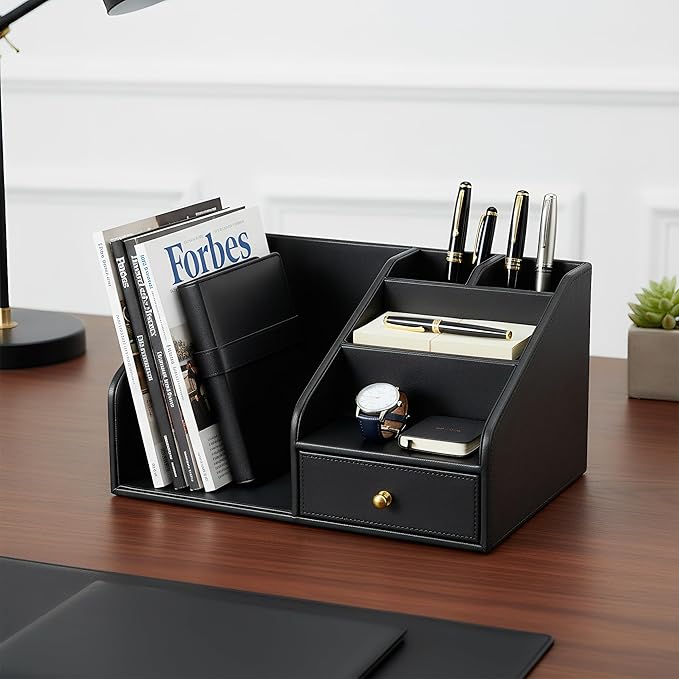 KINGFOM PU Leather Desk Organizer, Multifunction 6 Compartment Desk Organizers and Accessories for Office Supplies, Pen Pencil Holder/Book Mail Organizer Holder for Desk with Drawer(Black)